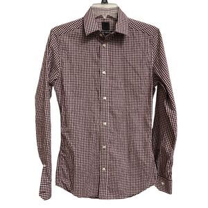 H&M Men's Button Down Slim Fit Easy Iron Shirt XS White Maroon Check Long Sleeve